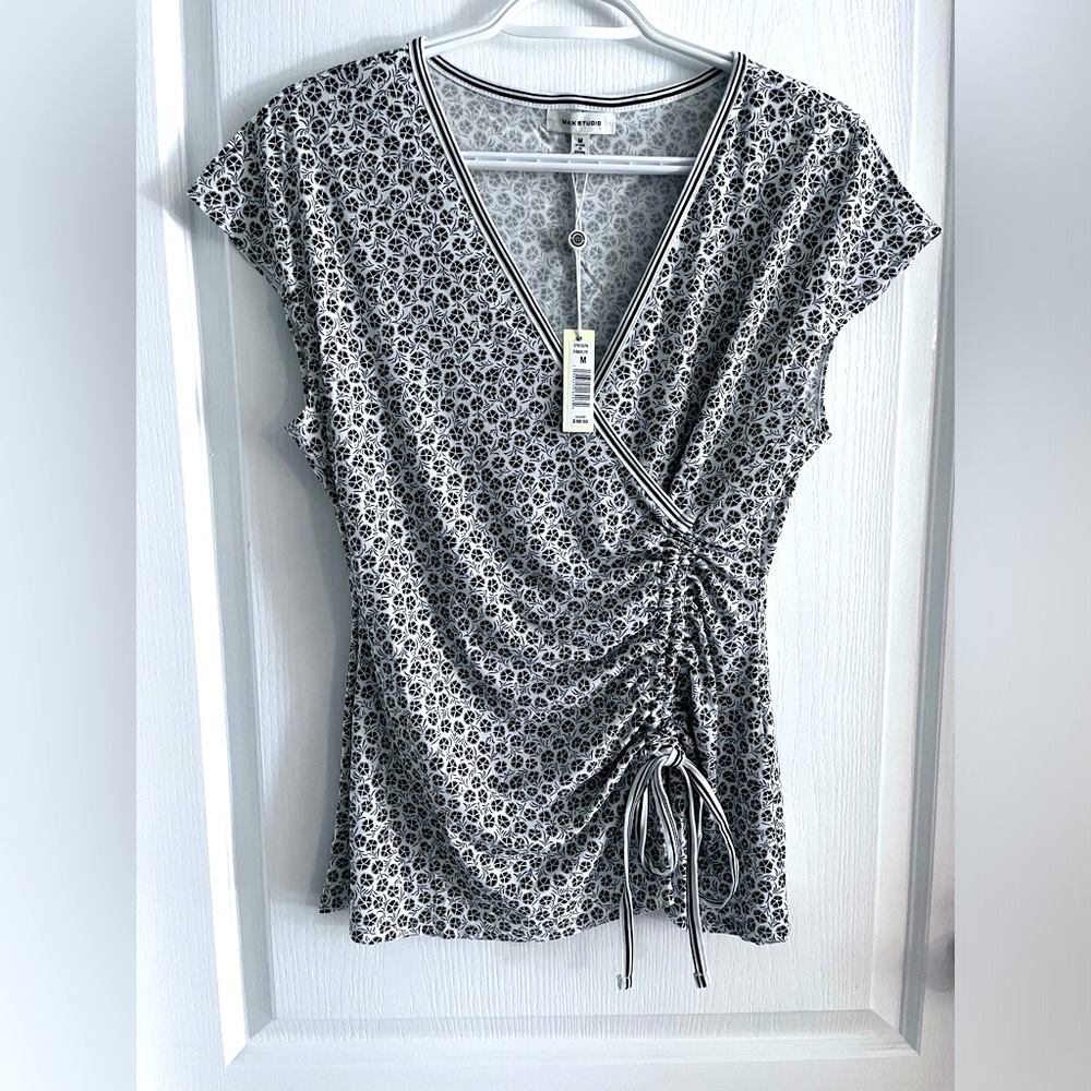 Max Studio womens Crepe Short Sleeve Faux Wrap Top